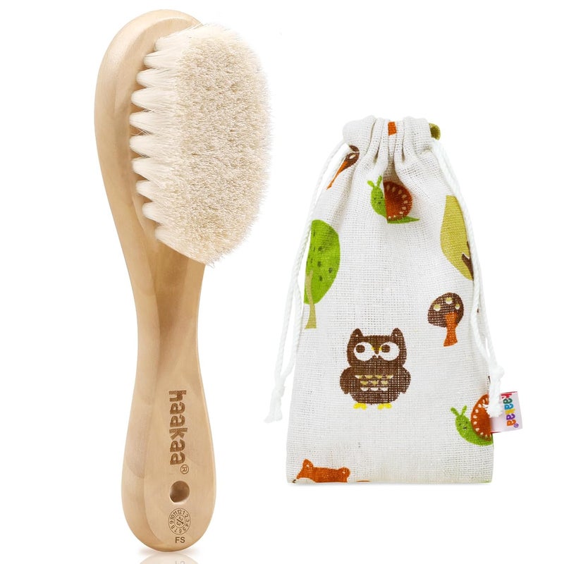 haakaa Wooden Baby Hair Brush for Newborns and Toddlers Baby Brush Natural Soft Goat Bristles Hairbrush Ideal for Cradle Cap Perfect Baby Registry Gift with Carry Pouch 1PC - Image 1