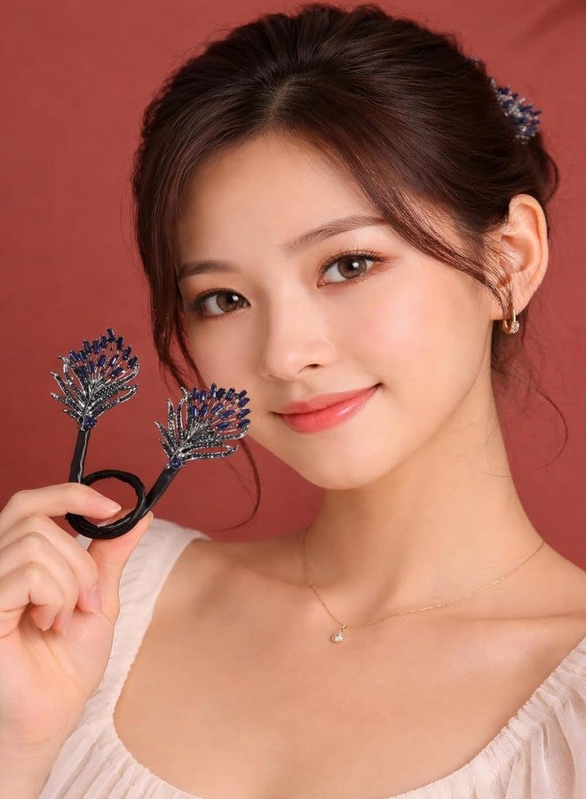 مشبك شعر أزرق أنيق لعمل كعكة الشعر للنساء - دبوس شعر بتصميم ريش الطاووس | أداة سهلة لتصفيف الكعكة في الحفلات وحفلات الزفاف وتسريحات الشعر الهندية التقليدية - Image 3