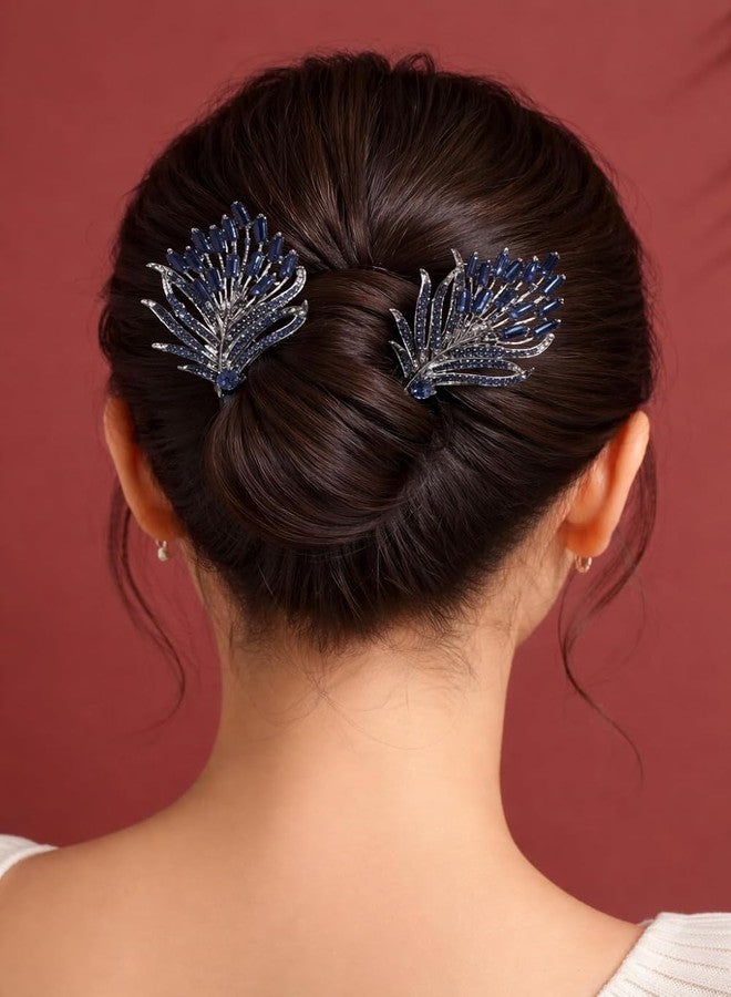 مشبك شعر أزرق أنيق لعمل كعكة الشعر للنساء - دبوس شعر بتصميم ريش الطاووس | أداة سهلة لتصفيف الكعكة في الحفلات وحفلات الزفاف وتسريحات الشعر الهندية التقليدية - Image 4