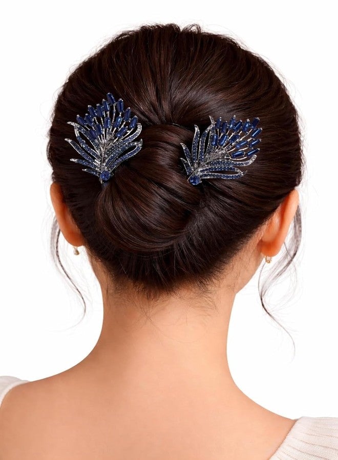 مشبك شعر أزرق أنيق لعمل كعكة الشعر للنساء - دبوس شعر بتصميم ريش الطاووس | أداة سهلة لتصفيف الكعكة في الحفلات وحفلات الزفاف وتسريحات الشعر الهندية التقليدية - Image 2