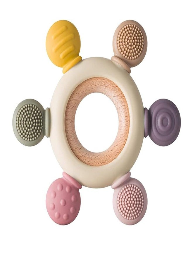 Finalize Silicone & Wooden Baby Teether for 3+ Months | BPA Free Soft Teething Toy | Safe Teether for Infants | Round Shape | Color - Beige-Silicone & Wooden (Baby Teether) - Image 1