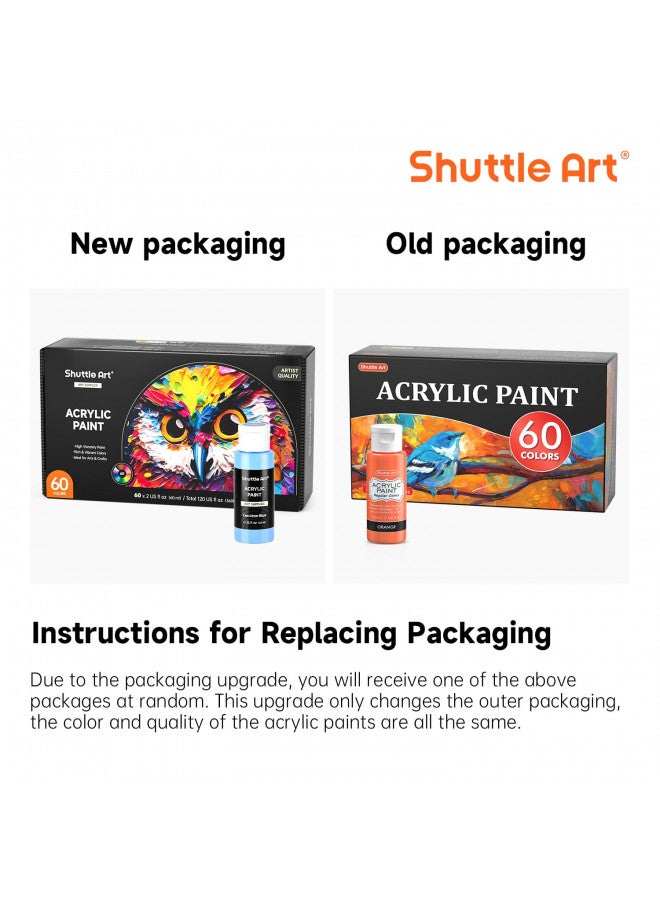 Shuttle Art 72 Pack Acrylic Paint Set, Shuttle Art 60 Colors Acrylic Paint Including Extra White Black & 12 Brushes, 2oz/60ml, Rich Pigmented, Water Proof, Ideal for Artists, Beginners on Canvas Rock Wood Ceramic - Image 2