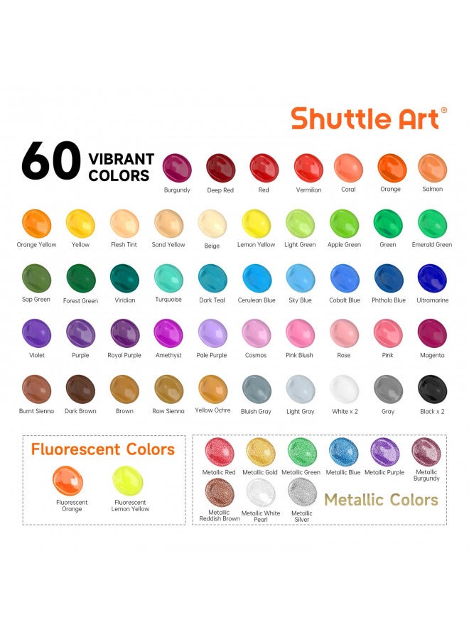 Shuttle Art 72 Pack Acrylic Paint Set, Shuttle Art 60 Colors Acrylic Paint Including Extra White Black & 12 Brushes, 2oz/60ml, Rich Pigmented, Water Proof, Ideal for Artists, Beginners on Canvas Rock Wood Ceramic - Image 3