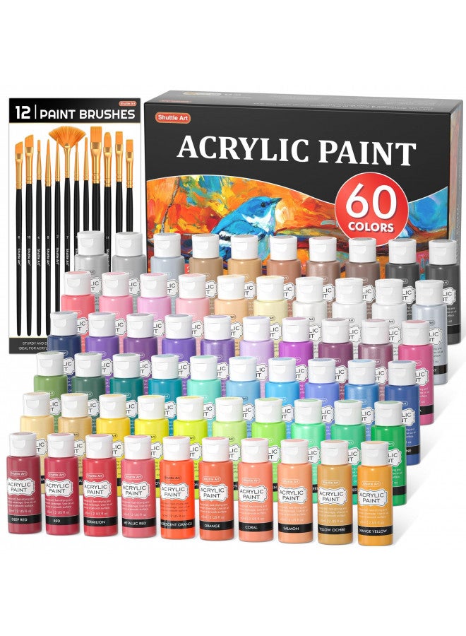 Shuttle Art 72 Pack Acrylic Paint Set, Shuttle Art 60 Colors Acrylic Paint Including Extra White Black & 12 Brushes, 2oz/60ml, Rich Pigmented, Water Proof, Ideal for Artists, Beginners on Canvas Rock Wood Ceramic - Image 1
