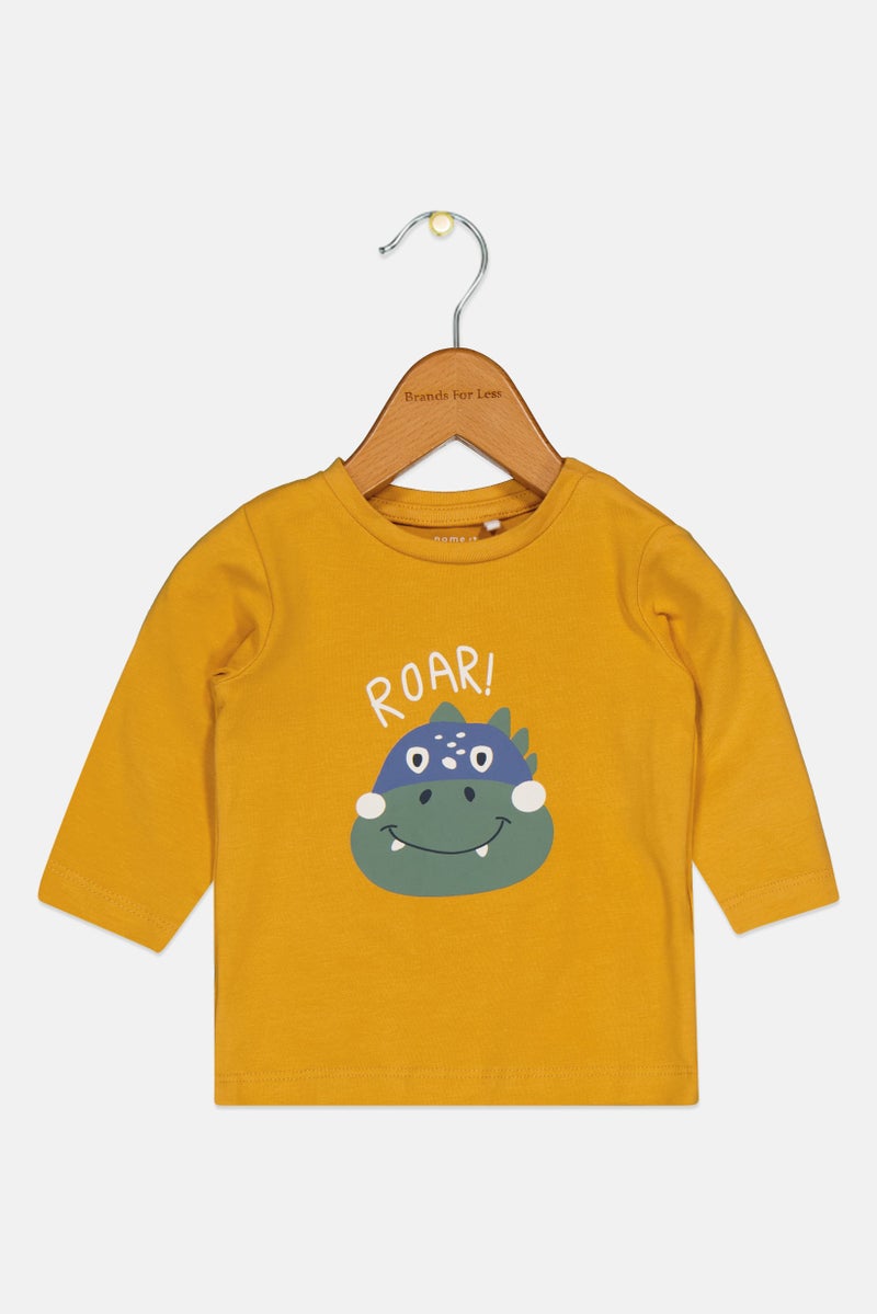 NAME IT تي شيرت جرافيك بأكمام طويلة بياقة دائرية للأولاد الصغار، خردل - Image 1