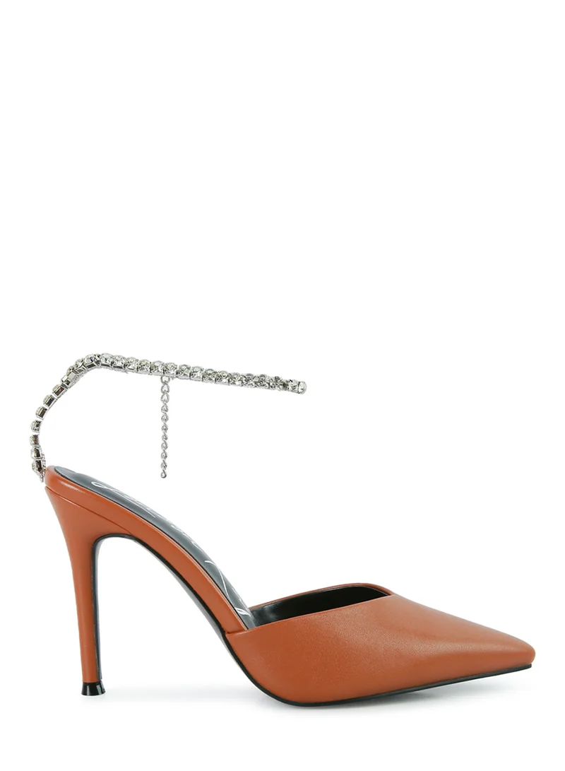 London Rag Diamante Embellished Stiletto Mule Sandals in Brown