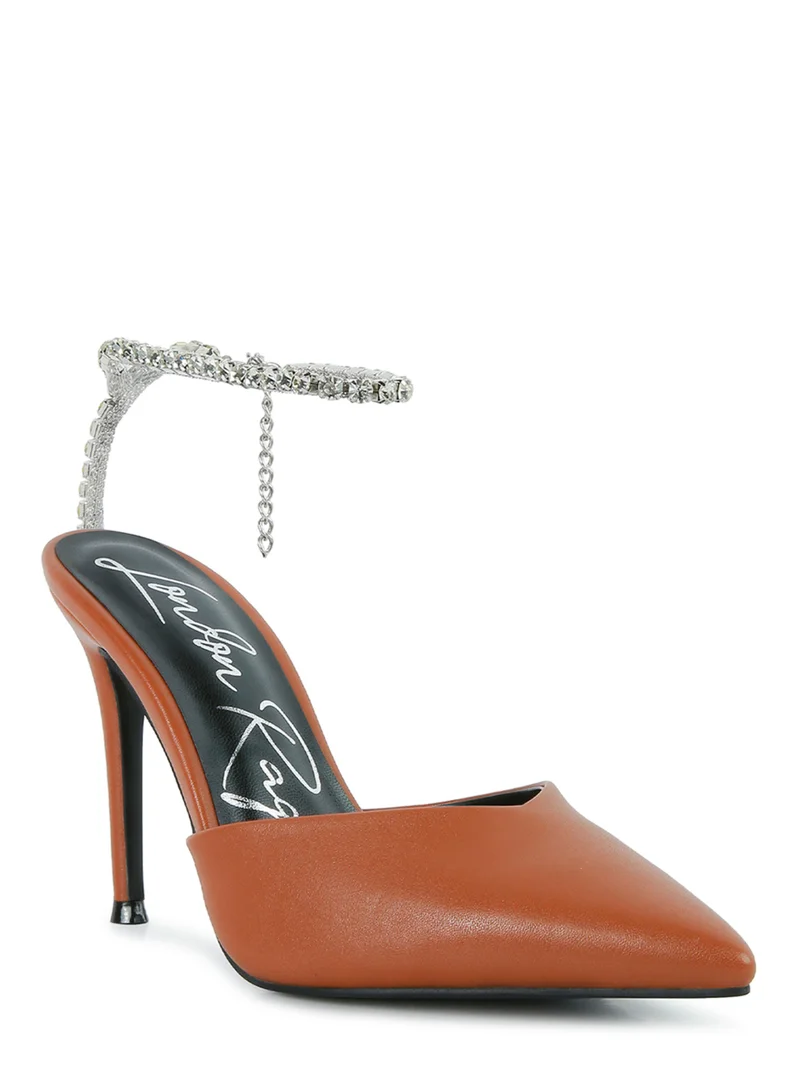 London Rag Diamante Embellished Stiletto Mule Sandals in Brown