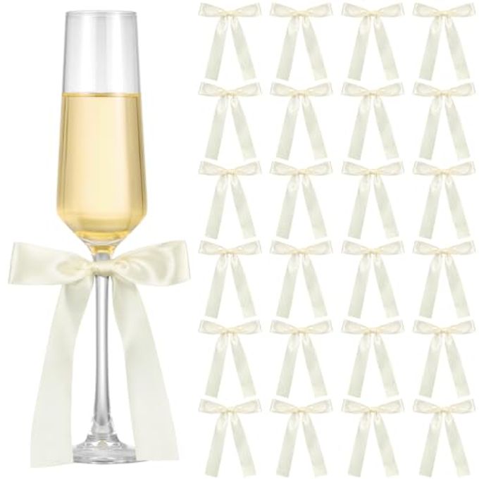 Jingmore Ivory White 24 Pack Bows for Champagne Glasses Candle Holder 6.7 x 4 Inch Bow Drink Tags Wine Glass Candlestick Ribbon Self Adhesive Name Marker for Wedding Anniversary Party Gift Decor