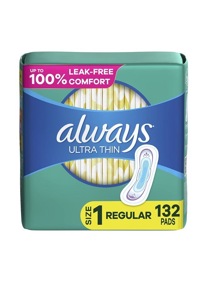 Always فوط نسائية رقيقة جداً للنساء، الحجم 1 امتصاص عادي، بدون أجنحة، بدون رائحة، 44 قطعة × 3 (إجمالي 132 قطعة) - Image 1