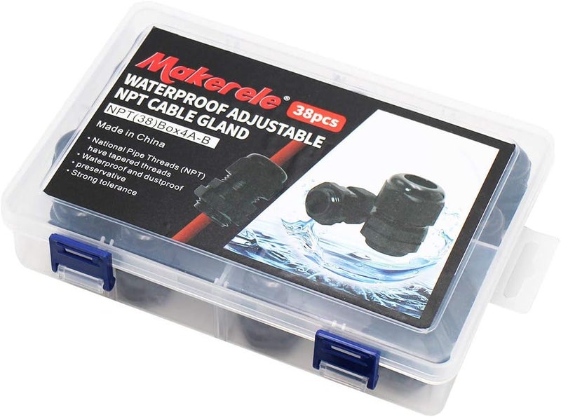 MAKERELE NPT Cable Glands Kit Waterproof Adjustable Nylon 1/4” 3/8” 1/2” 3/4” Plastic Strain Relief Cord Connectors 38pcs Black With Gaskets - Image 5