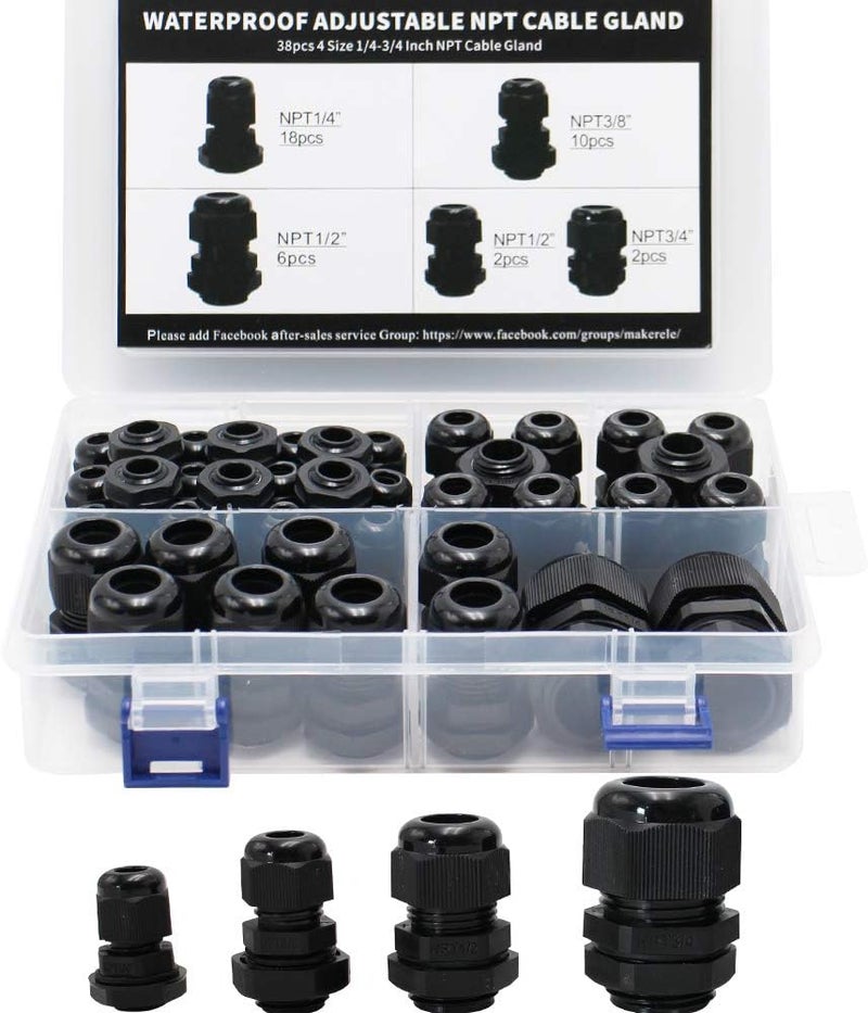 MAKERELE NPT Cable Glands Kit Waterproof Adjustable Nylon 1/4” 3/8” 1/2” 3/4” Plastic Strain Relief Cord Connectors 38pcs Black With Gaskets - Image 1