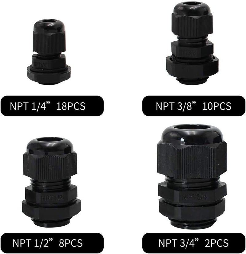 MAKERELE NPT Cable Glands Kit Waterproof Adjustable Nylon 1/4” 3/8” 1/2” 3/4” Plastic Strain Relief Cord Connectors 38pcs Black With Gaskets - Image 2
