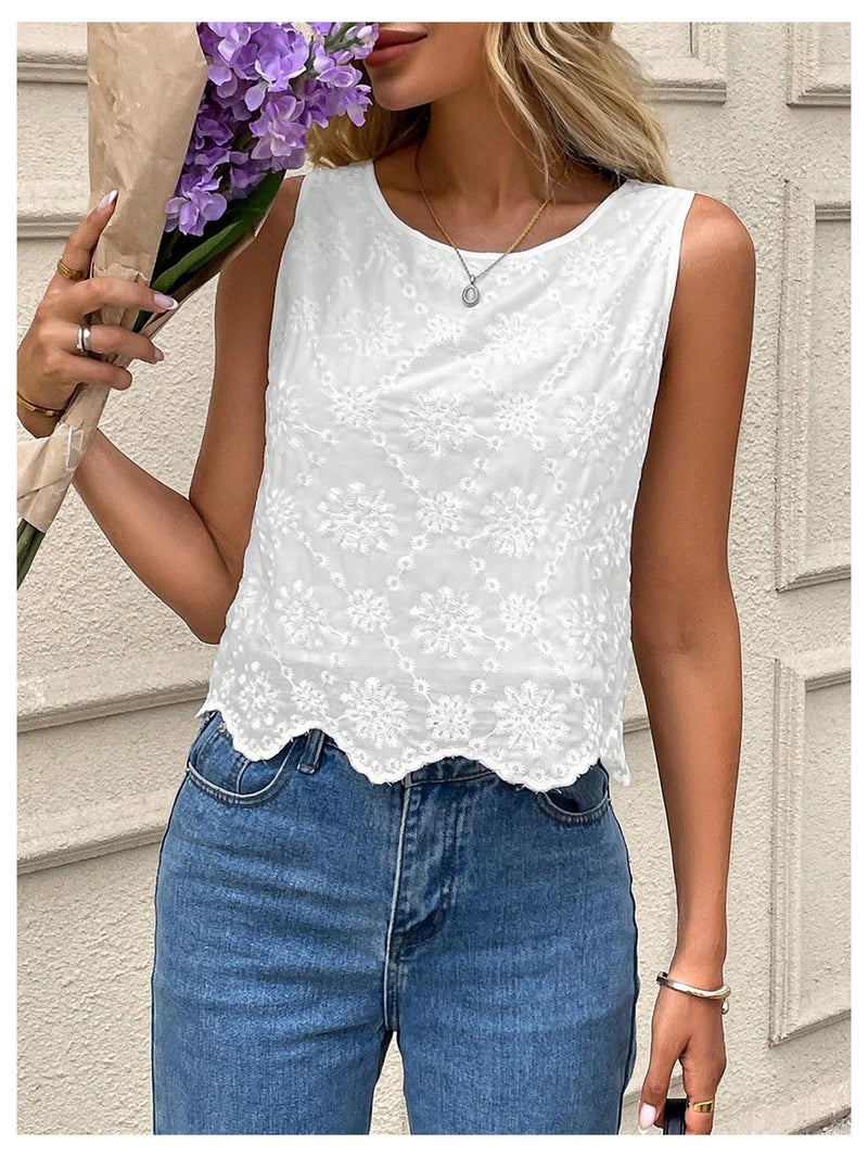 SHENHE Women's Summer Sleeveless Embroidered Dressy Casual Blouse Scalloped Going Out Top White Small - Image 5