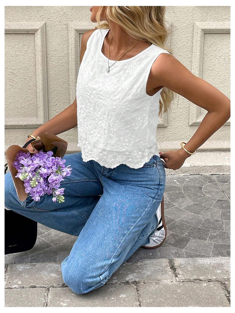 SHENHE Women's Summer Sleeveless Embroidered Dressy Casual Blouse Scalloped Going Out Top White Small - Image 4