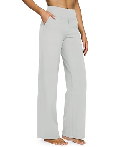 G4Free High Waist Pants for Women Wide Straight Leg Sweatpants with Pockets Loose Fashionable Yoga Lounge Casual Clothing(Light Grey,L,31") - Image 4