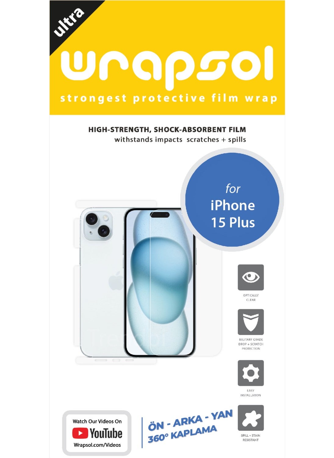 Wrapsol - iPhone 15 Plus Full Body 360 Degree Front Back Side Protective Polyurethane Film - Image 1