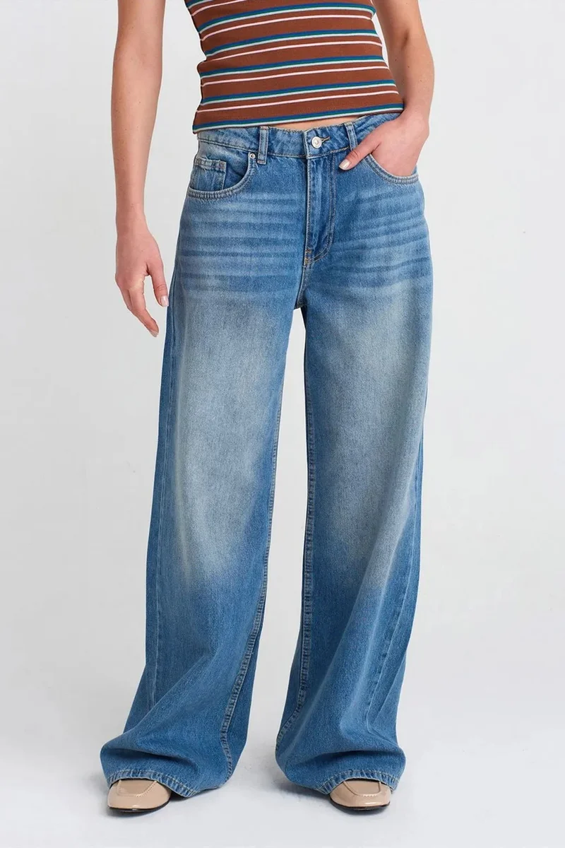Dilvin Light-Mid Blue Denim DILVIN High-Waist Wide-Leg Cotton Denim Jeans for Women | Best Price UAE