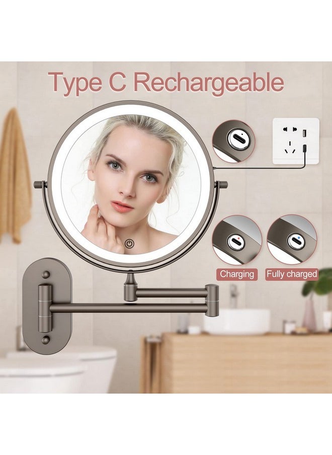FASCINATE Rechargeable Wall Mounted Lighted Vanity Mirror 8 Inch 1X/10X Magnifying Makeup Mirror With 3 Color Lights, Double Sided Dimmable, 360 Degree Screen Touch,Bathroom Shaving Mirror (Gunblack)  - Image 2