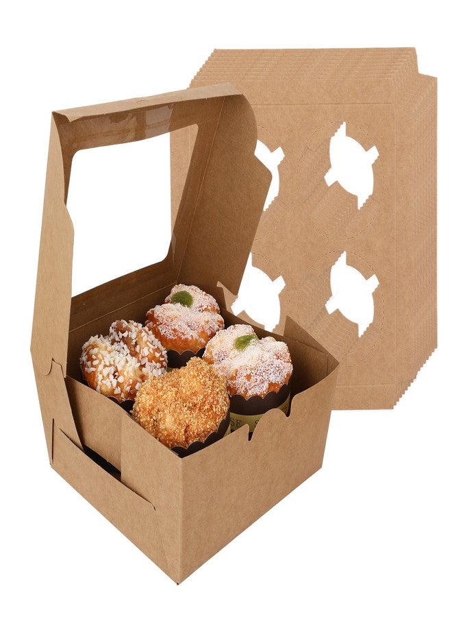 Qiuruoo 20 PCS Wood Color Paper Cupcake Boxes 4 Count and Clear Window for Valentine, Birthday, Wedding, Bakery Supplies and Party, Which Can Be Used as Bento Cake Box - Image 1