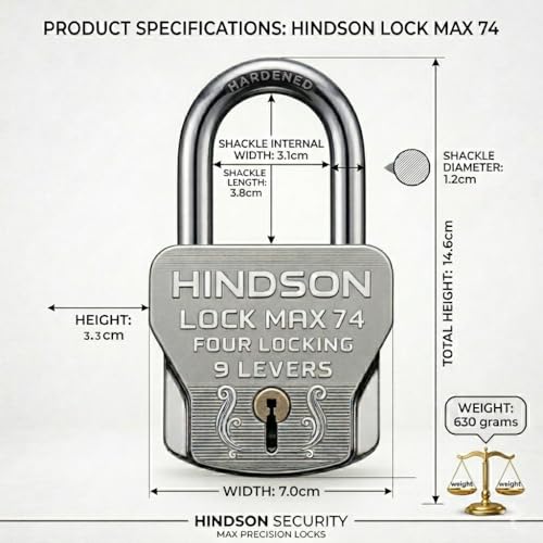 Hindson Lock Max 74 Heavy Duty Padlock Set, 74mm, Silver, 4 Locking Technology, 9 Lever Mechanism, 2 Locks with 8 Same Keys, 610g - Image 5