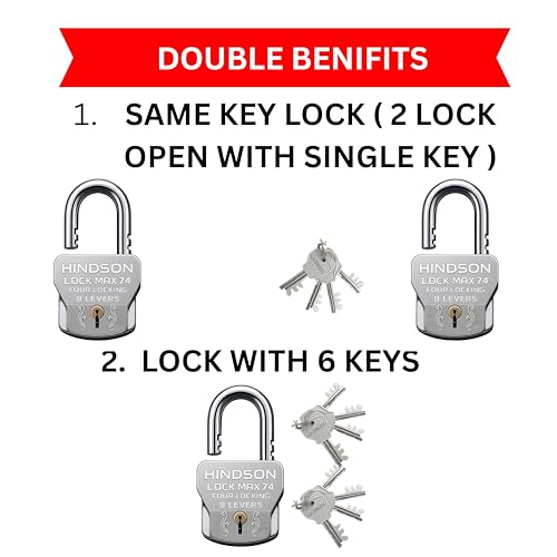 Hindson Lock Max 74 Heavy Duty Padlock Set, 74mm, Silver, 4 Locking Technology, 9 Lever Mechanism, 2 Locks with 8 Same Keys, 610g - Image 2