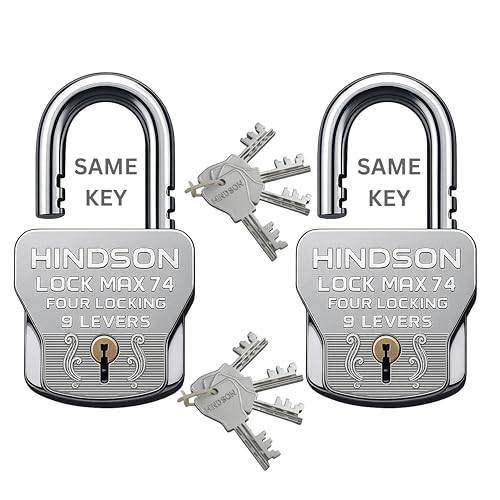 Hindson Lock Max 74 Heavy Duty Padlock Set, 74mm, Silver, 4 Locking Technology, 9 Lever Mechanism, 2 Locks with 8 Same Keys, 610g - Image 1