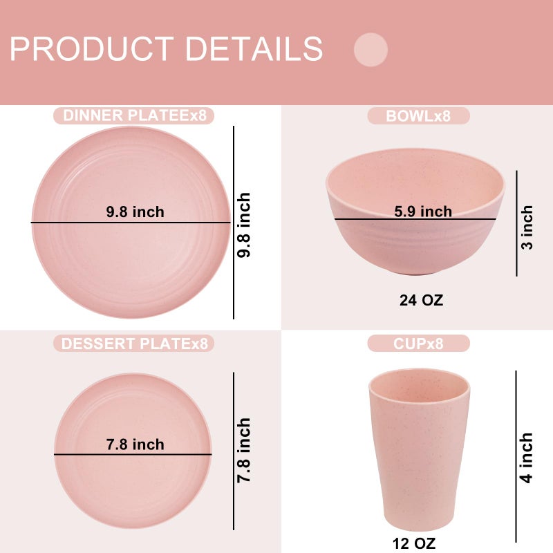 Supernal Pink Wheat Straw Dinnerware Sets,Unbreakable Dishes for 8, Plate and Bowls Sets, Reusable Plates, Dishwasher Safe Plates,Plastic Dinnerware Set, Pink Plastic Tableware - Image 2