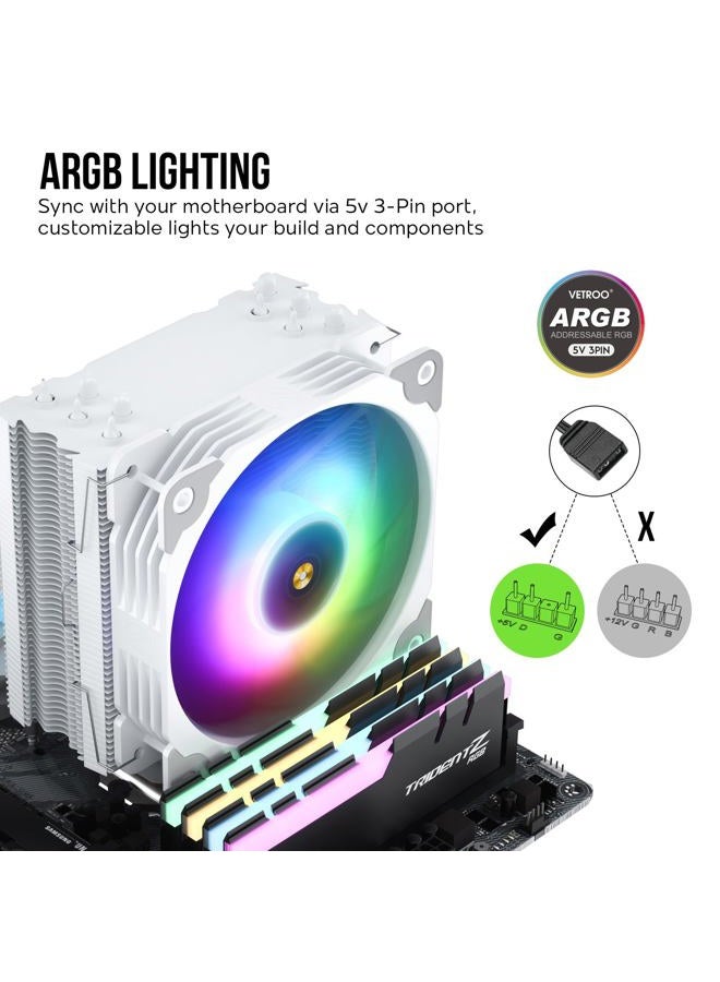 Vetroo V5 White CPU Air Cooler w/ 5 Heat Pipes 120mm PWM Processor Cooler for Intel LGA 1700/1200/115X AMD Ryzen AM4 w/Addressable RGB Lighting Sync - Image 3