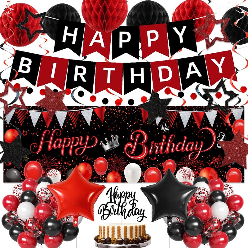 IHEPYQ Red Black Birthday Decorations Happy Birthday Banner Backdrop Balloons Honeycomb Balls Star Foil Balloons Stars Hanging Swirls Cake Topper for Baby Boys Girl Men Women Birthday Decoration - Image 3