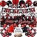 IHEPYQ Red Black Birthday Decorations Happy Birthday Banner Backdrop Balloons Honeycomb Balls Star Foil Balloons Stars Hanging Swirls Cake Topper for Baby Boys Girl Men Women Birthday Decoration - Image 2