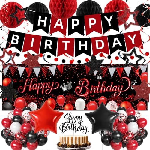 IHEPYQ Red Black Birthday Decorations Happy Birthday Banner Backdrop Balloons Honeycomb Balls Star Foil Balloons Stars Hanging Swirls Cake Topper for Baby Boys Girl Men Women Birthday Decoration - Image 1