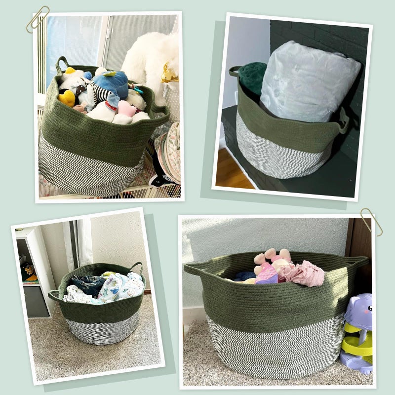 INDRESSME INDRSSME Large Laundry Storage Basket, 21.7 x13. 8 - Decorative Rope Blanket Basket for Organizing Bedroom, Living Room, Nursery, Toy Storage for Colthes Towel, Empty Gift Baskets -Green - Image 4