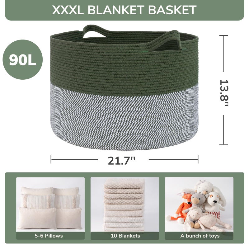 INDRESSME INDRSSME Large Laundry Storage Basket, 21.7 x13. 8 - Decorative Rope Blanket Basket for Organizing Bedroom, Living Room, Nursery, Toy Storage for Colthes Towel, Empty Gift Baskets -Green - Image 3