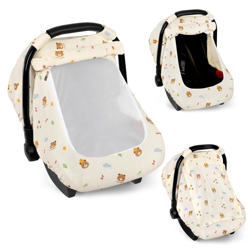 Hooyax Muslin Car Seat Cover Baby - Breathable and Privacy Car Seat Canopy with 3 Modes - Easy Install & Gift Box Packaging, Universal Fit for Infant Car Seats, Bear - Image 1