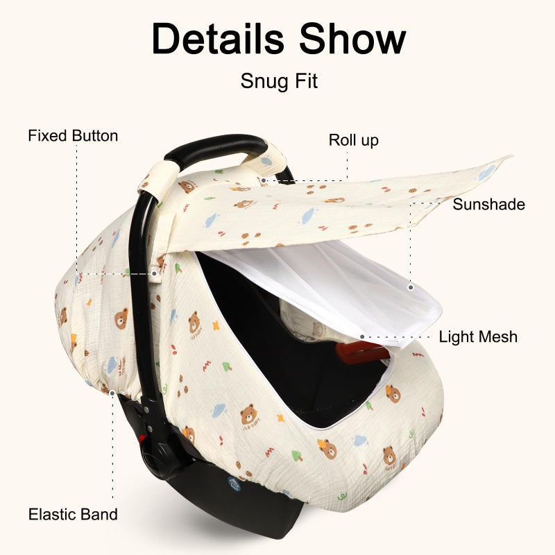 Hooyax Muslin Car Seat Cover Baby - Breathable and Privacy Car Seat Canopy with 3 Modes - Easy Install & Gift Box Packaging, Universal Fit for Infant Car Seats, Bear - Image 4