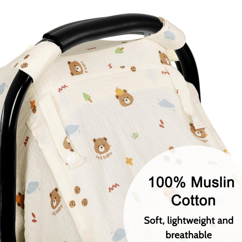 Hooyax Muslin Car Seat Cover Baby - Breathable and Privacy Car Seat Canopy with 3 Modes - Easy Install & Gift Box Packaging, Universal Fit for Infant Car Seats, Bear - Image 2