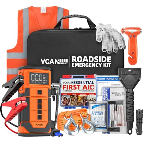 VCANENERGY Jump Starter with Air Compressor VCANENERGY Roadside Emergency Car Kit with 12V Portable Battery Jump Starter Tire Inflator for Cars Trucks SUVsCar Emergency Kit for Women Men Teen - Image 1