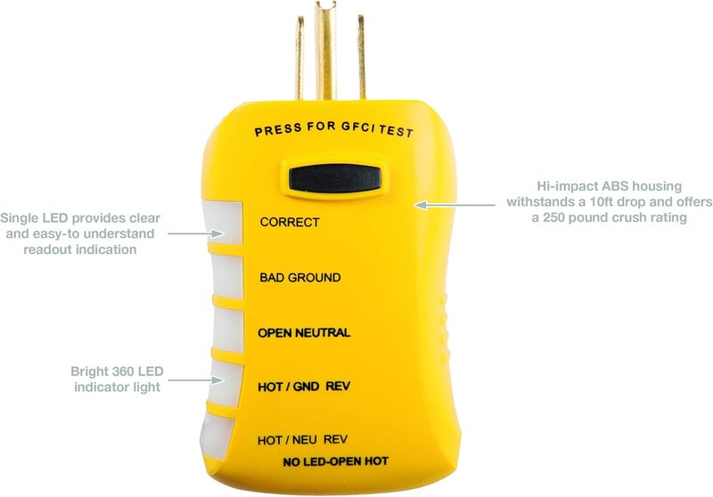 SPERRY Instruments HGT6520, Stop Shock II-Single, DIY Testing-120V AC, 3 Color LED Indicator, Comfort Grip, Patented GFCI Outlet Tester, Yellow - Image 2
