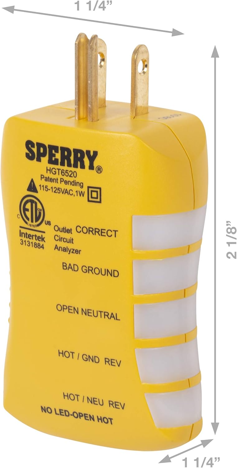 SPERRY Instruments HGT6520, Stop Shock II-Single, DIY Testing-120V AC, 3 Color LED Indicator, Comfort Grip, Patented GFCI Outlet Tester, Yellow - Image 3