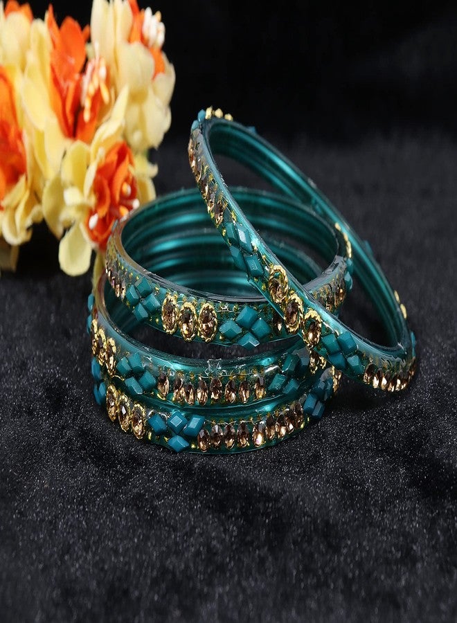 NMII Glossy Finished Glass Bangles Set Studded with Zircon Gemstone and Beads For Women and Girls - Image 3