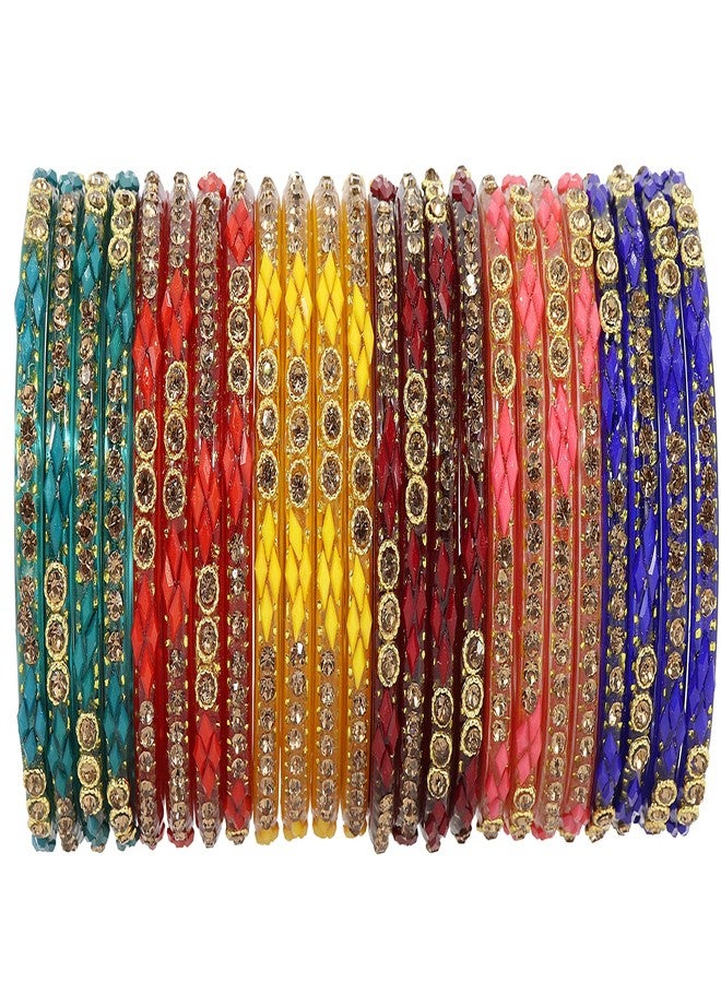 NMII Glossy Finished Glass Bangles Set Studded with Zircon Gemstone and Beads For Women and Girls - Image 1