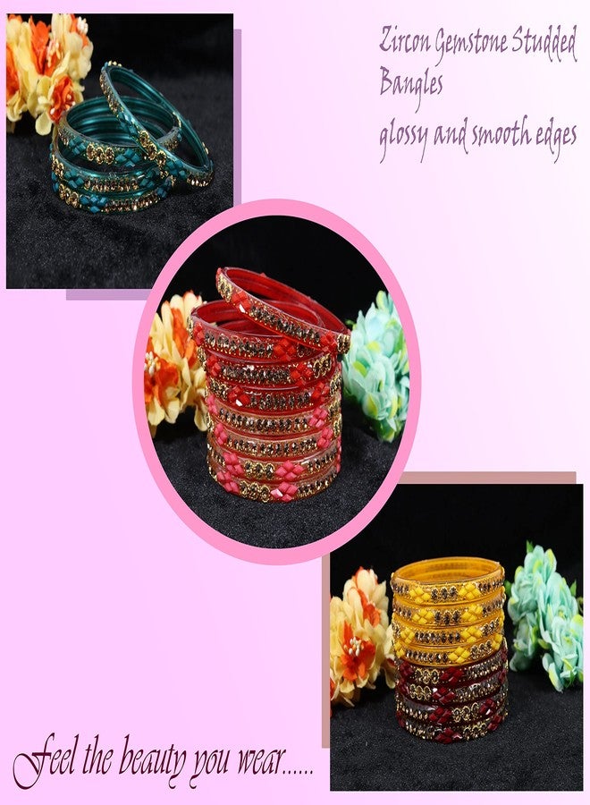 NMII Glossy Finished Glass Bangles Set Studded with Zircon Gemstone and Beads For Women and Girls - Image 5