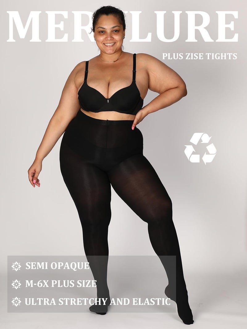 MERYLURE Black Plus Size Tights for Women, High Waist Nylon Fashion Pantyhose, Semi Opaque Soft Stockings, 3X/4X - Image 2