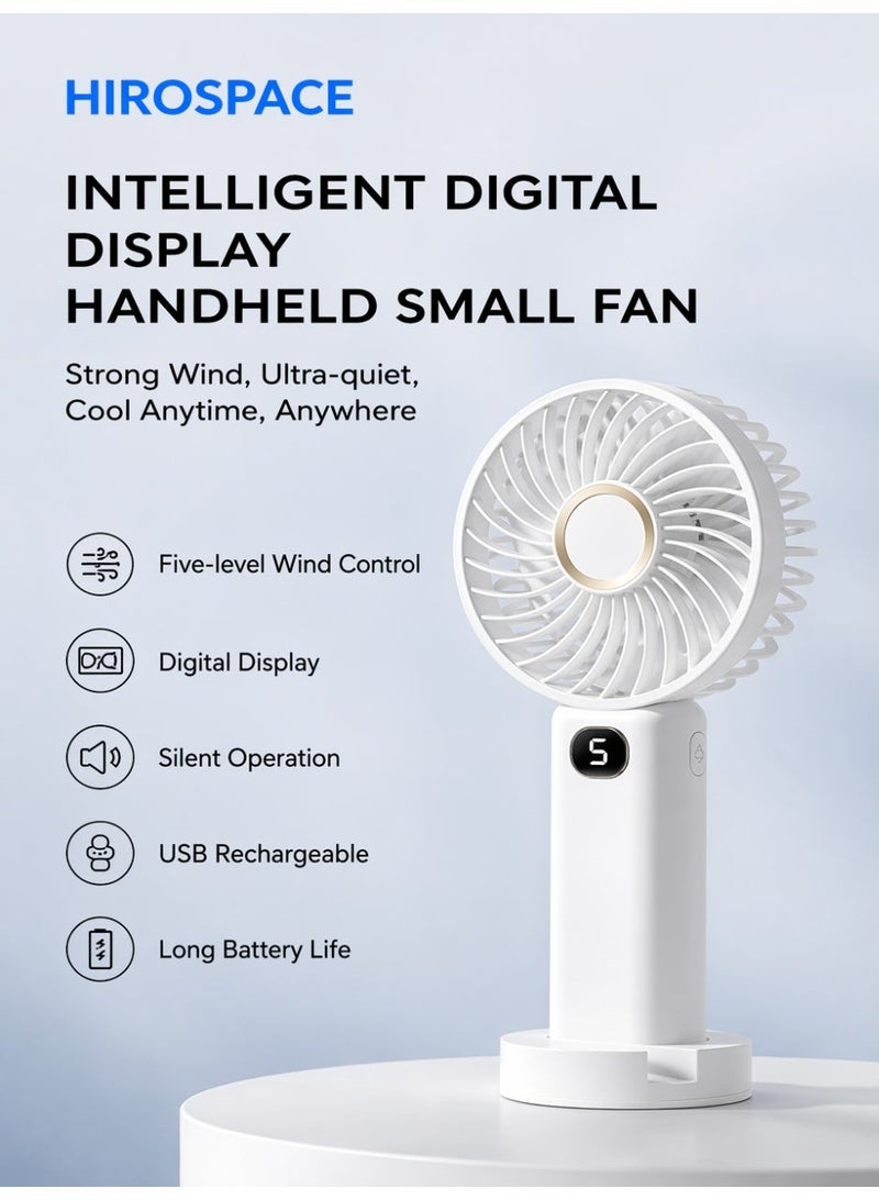 Hirospace English：Digital Display Handheld Portable Fan, 5 Speed Quiet Operation, Large Battery USB Rechargeable Mini Cooling Fan for Travel, Outdoor, Office, Ramadan Daily Use - Image 1