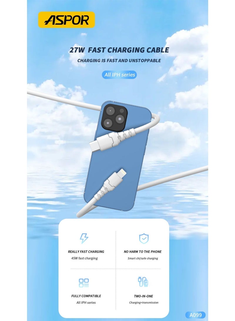 أسبور كيبل جوال USB-C إلى Lightning بقوة 27 واط, 1 متر موديل A099, أبيض - Image 2