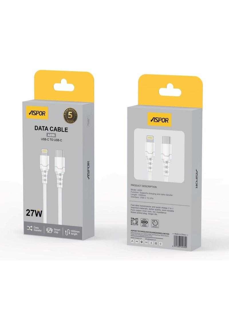 أسبور كيبل جوال USB-C إلى Lightning بقوة 27 واط, 1 متر موديل A099, أبيض - Image 1