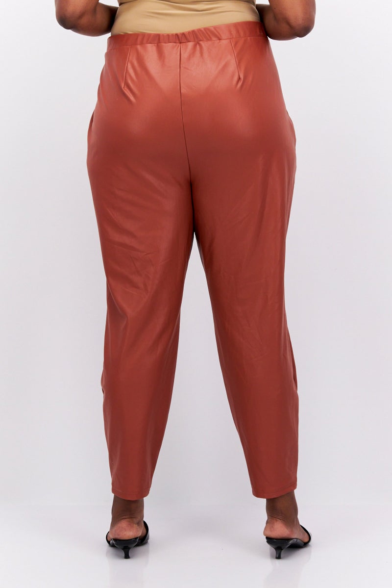 Nina Parker Women Plus Size Faux Leather Skinny Pants, Rust  - Image 3