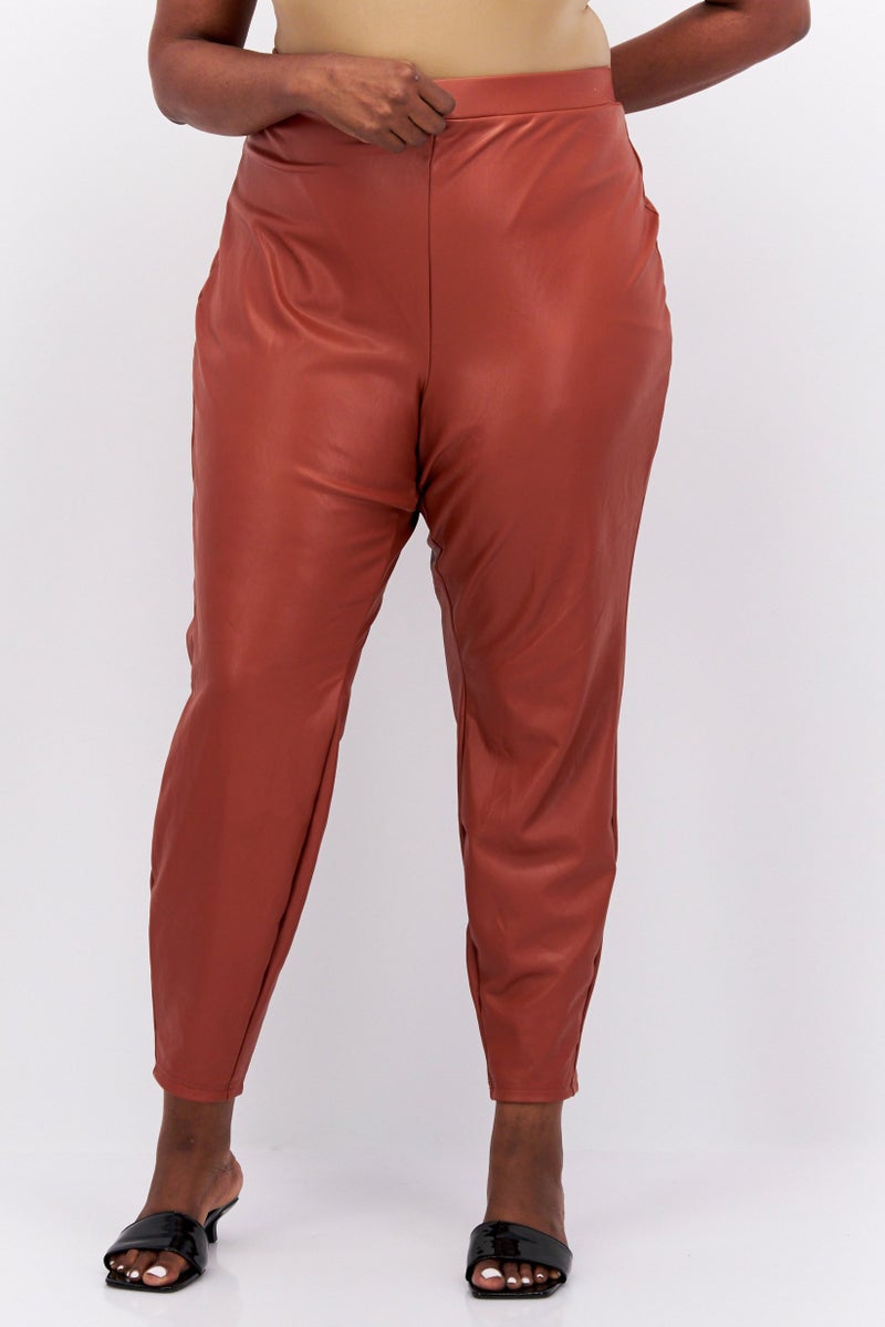 Nina Parker Women Plus Size Faux Leather Skinny Pants, Rust  - Image 1