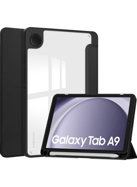 Hybrid Slim Case with Pen Holder for Samsung Galaxy Tab A9 8.7 Inch 2023 Model (SM-X110/X115/X117) Clear Transparent Back Shell, Black
