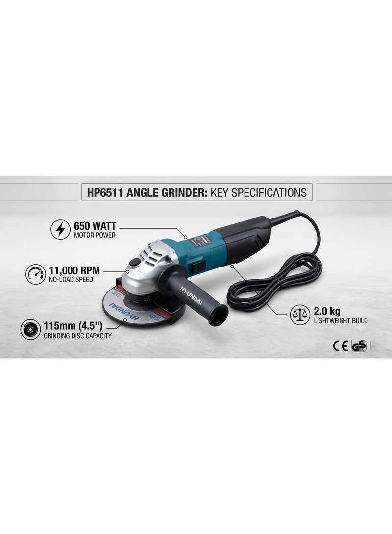 HYUNDAI Angle Grinder Hyundai HP-6511 650W 115mm Electric Grinding Machine 11000 RPM Metal Cutting and Grinding Tool for Steel Iron and Masonry - Image 4